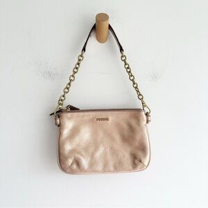Fossil Memoir Top Zip Purse Shoulder Bag Rose Gold Metallic Leather